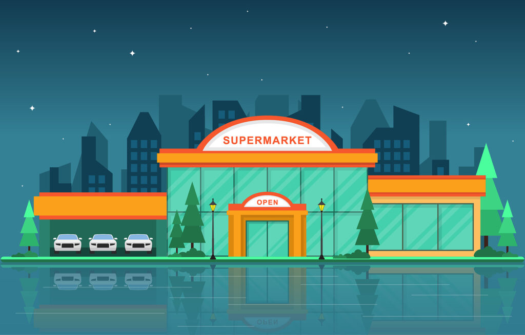Supermarket Grocery Store Retail Shop Mall City Building Flat Illustration with gorgeous maintained parking lot